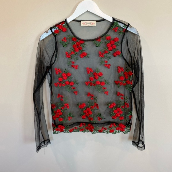 Twinkle Women's Black Sheer Red Green Floral Embordered Long Sleeve Shirt medium - Picture 1 of 5